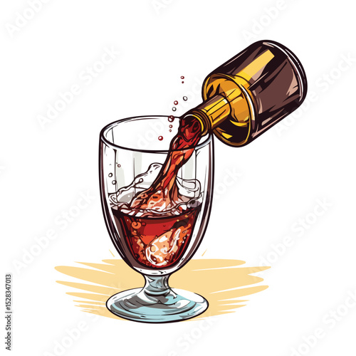 Vintage Poster of Bottle Pouring Drink into Glass Cup for Elegant Bar Designs