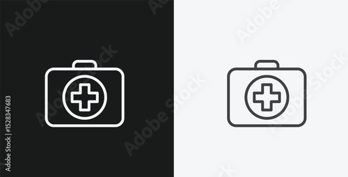 First Aid Kit with Medical Cross on Black and White Backgrounds, Representing Emergency, Health, or Safety, White Outline Icon