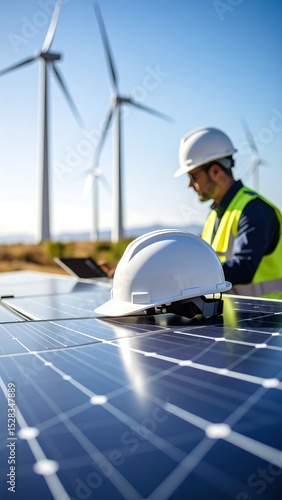Engineer inspecting solar panels with wind farm.