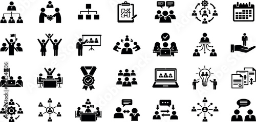  Teamwork and collaboration icon set. Vector glyph pictograms of business, leadership, and communication concepts, meetings, brainstorming, success networking black silhouette illustration