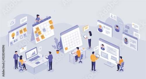 Efficient Teamwork Project Management Illustration featuring collaborative individuals working on schedules and tasks using digital tools and calendars.