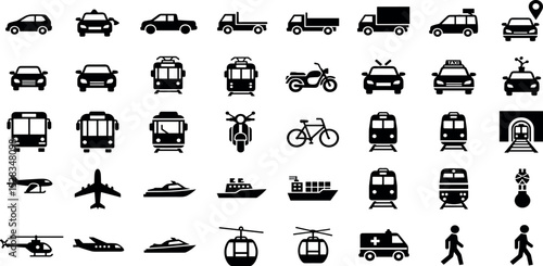 Transport glyph icon set. Vector pictograms of airplane, helicopter, boat, ferry, cargo, ship, motorcycle, bicycle, tram, subway, metro, black sign silhouette illustration.