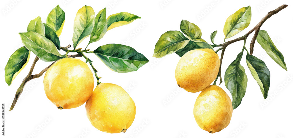PNG Vibrant watercolor lemons with leaves, element set on transparent background PNG Vibrant watercolor lemons with leaves, element set on transparent background