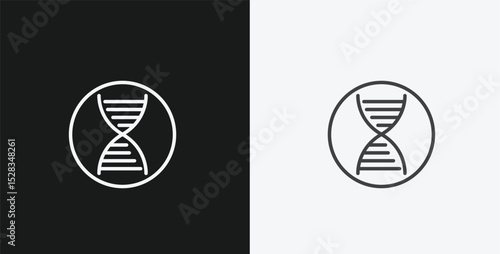 DNA Double Helix within a Circle on Black and White Backgrounds, Representing Genetics or Biotechnology, White Outline Icon