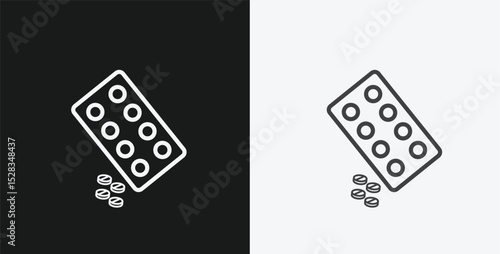 Tablet Blister Pack with Spilled Pills on Black and White Backgrounds, Representing Medicine or Pharmaceutical, White Outline Icon