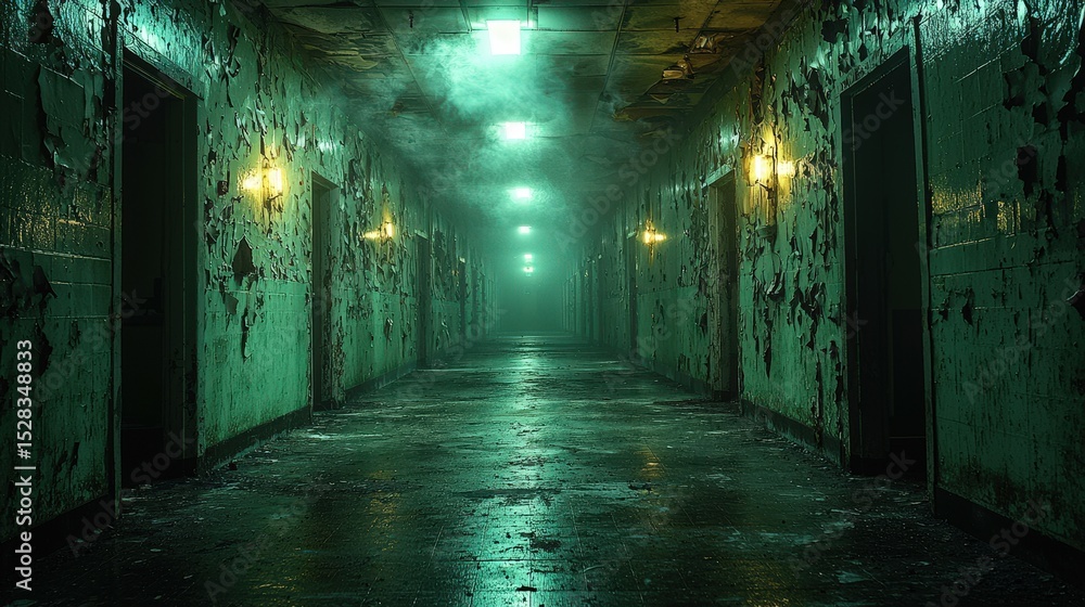 Fototapeta premium Eerie abandoned corridor with peeling walls and dim lights in a foggy atmosphere
