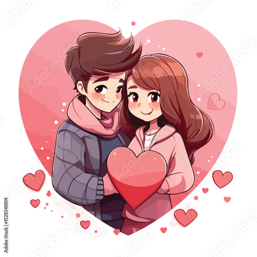 Adorable Couple Characters Expressing Love and Romance with Heart Symbol Vector Illustration
