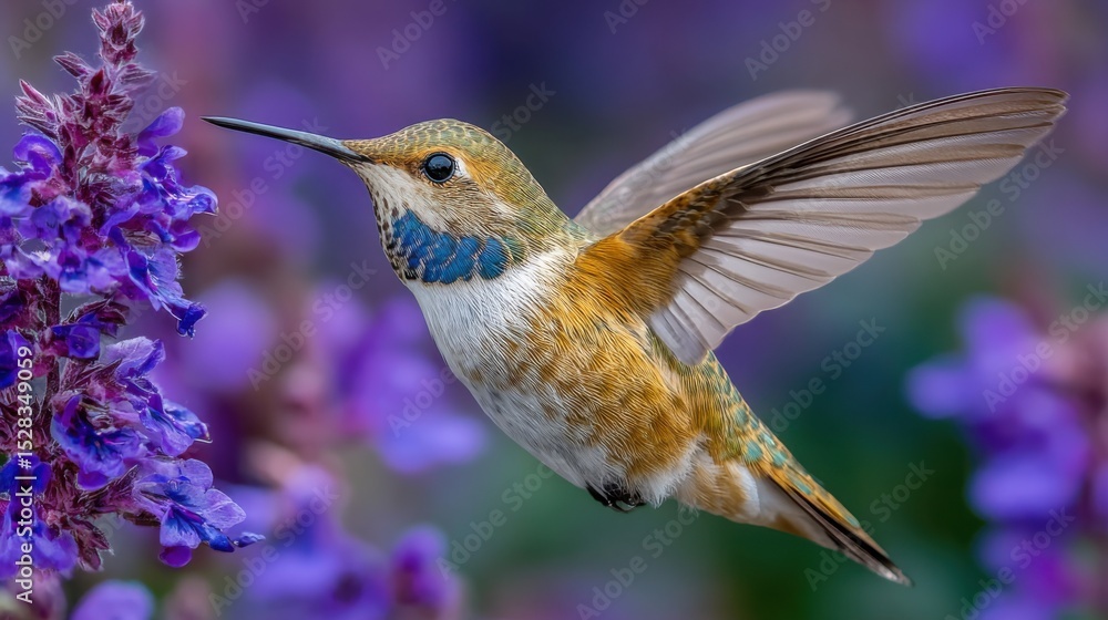 Fototapeta premium A hummingbird is flying over a purple flower. The bird is brown and white with blue markings on its wings. The flower is purple and has a purple stem