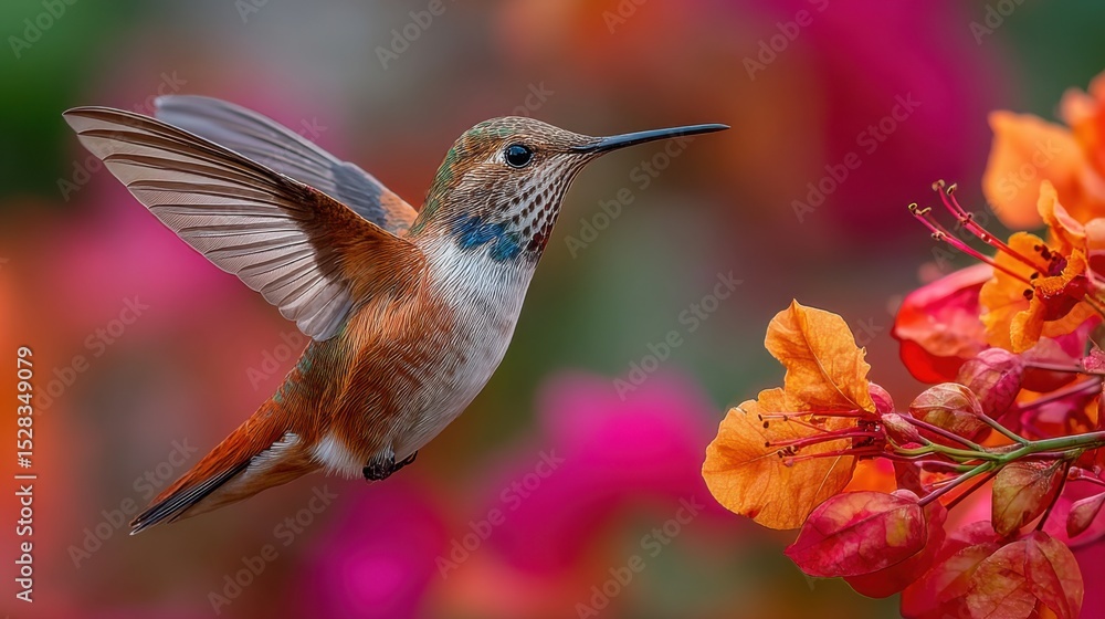 Fototapeta premium A hummingbird is flying over a flower with pink petals. The bird is brown and white, and it is in the air. The flower is surrounded by other flowers, and the scene is colorful and lively