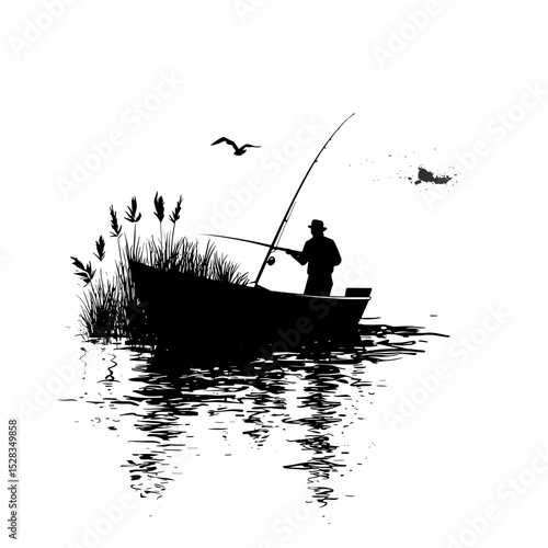 vector silhouette of a fisherman on a boat on a white background .Generative AI