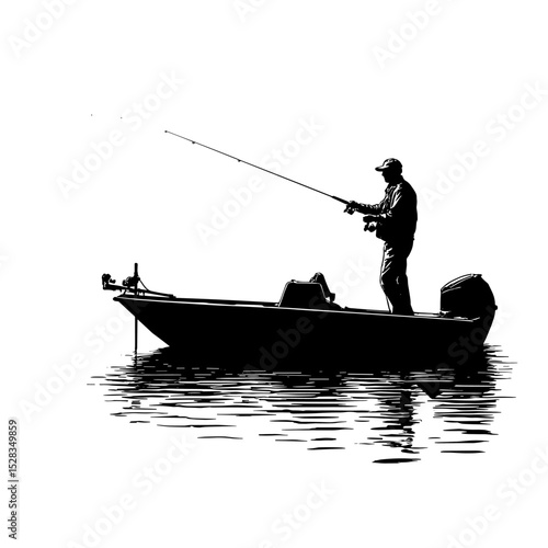 vector silhouette of a fisherman on a boat on a white background .Generative AI
