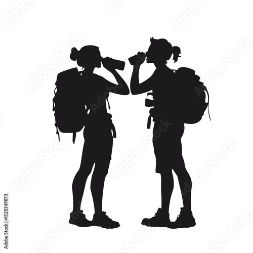 vector silhouette of a man and woman tourists standing drinking water on a white background .Generative AI