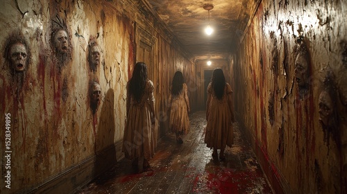 Eerie haunted corridor with disturbing wall faces and mysterious figures