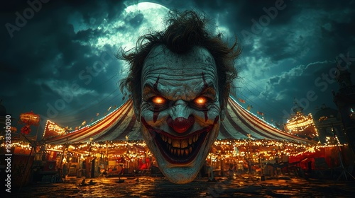 Eerie clown face looming over spooky carnival under moonlit night sky