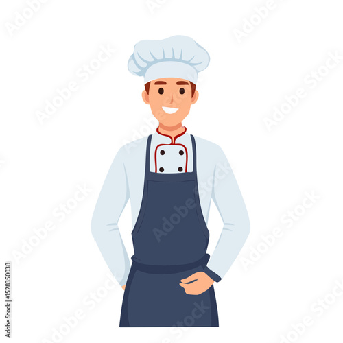 A happy chef wearing a chef's hat and apron, ready to prepare delicious dishes. The chef has a warm smile, showing professionalism and hospitality