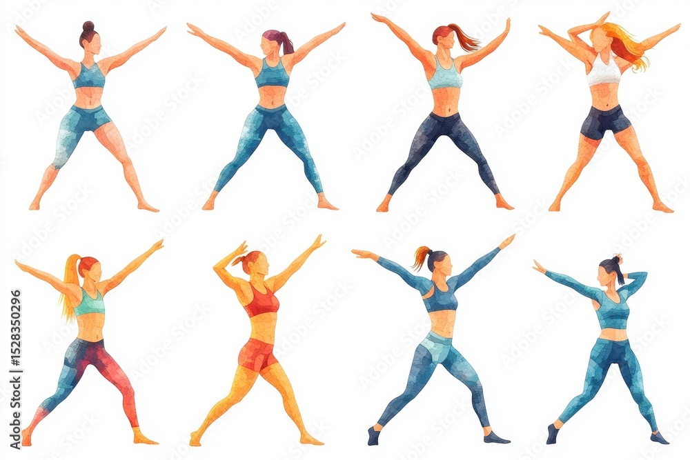 Woman stretching with arms raised and other in Malasana Yoga pose surrounded by fruits, plants, and exercise equipment representing health and wellness Woman stretching with arms raised and other in Malasana Yoga pose surrounded by fruits, plants, and exercise equipment representing health and wellness