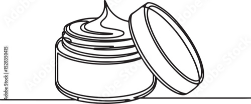 Continuous line drawing of an open cream jar with dripping cream, minimalist black and white single line art on white background

