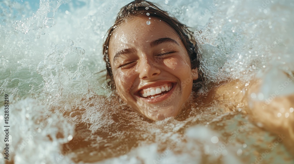 Obraz premium A young person joyfully enjoying the ocean waves, emerging from the water with a big smile, capturing the essence of happiness and the thrill of summer activities at the beach.