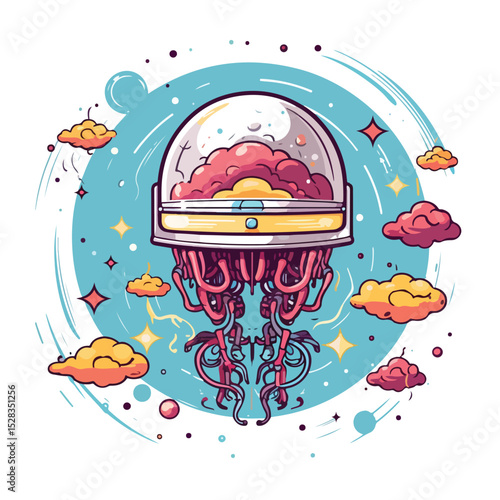 Futuristic Human Brain with Spaceship in Bubble Vector Illustration