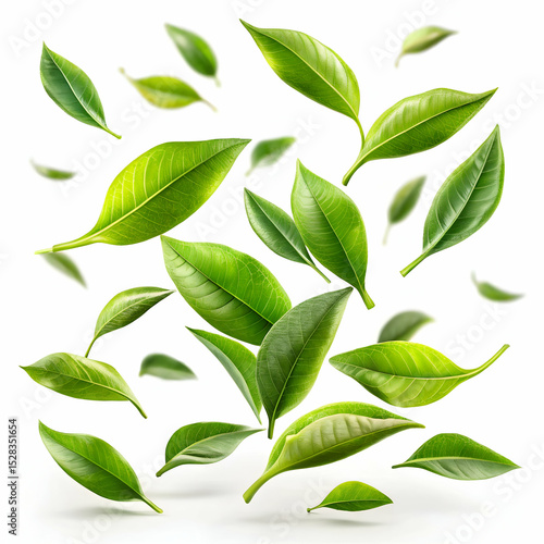 Green tea leaves falling gracefully isolated on white