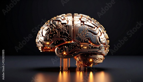 Abstract metallic brain sculpture embedded with microchips, glowing circuits illuminating its surface for a tech-infused aesthetic