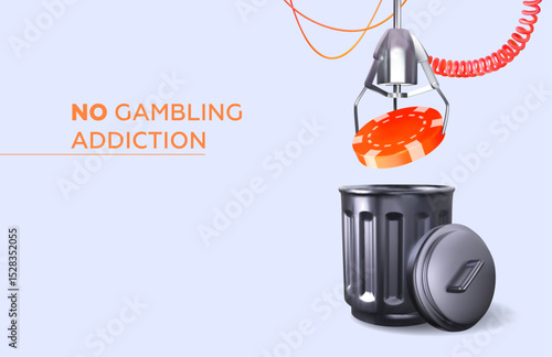 Crane machine throws poker chip into trash can. Concept of getting rid of gambling addiction. 3d style. Vector illustration