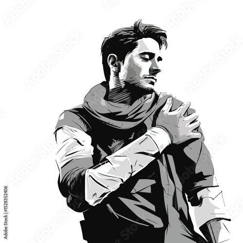 Professional Black and White Vector Illustration of a Man with Broken Arm
