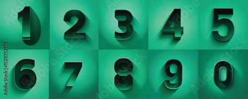 3D numbers one to nine and zero with shadow on green background  