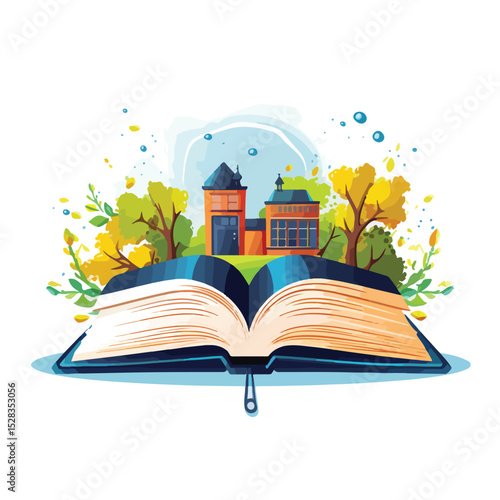 Professional Vector Illustration of an Open Book with School Utensils in a Library Setting