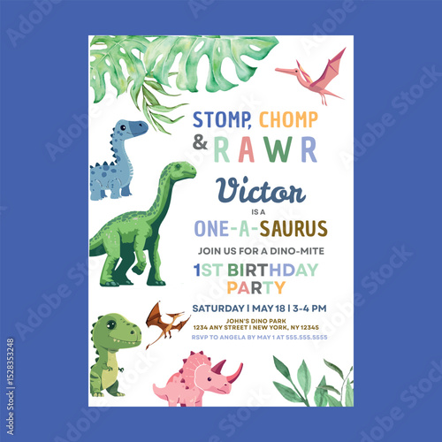 Dinosaur Colorful Cute 1st Birthday Invitation