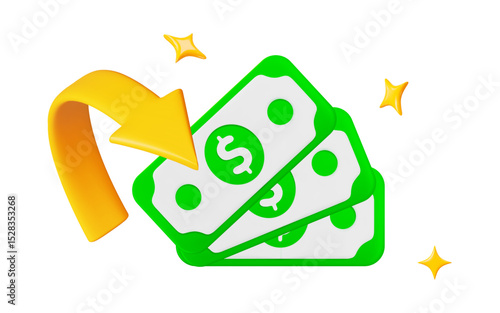 3d cashback concept. Arrow around money with dollar. Return money, currency, cash. Stock vector illustration on isolated background.
