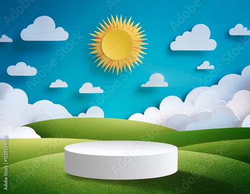 paper cut of summer season on green nature landscape sun and clouds on blue sky background with white cylinder podium for your products display presentation