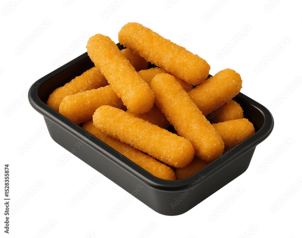 Deliciously Crispy Golden Brown Cheese Sticks Served in a Black Takeout Container, Perfect for Snacking and Sharing, Isolated on Transparent and White Background Deliciously Crispy Golden Brown Cheese Sticks Served in a Black Takeout Container, Perfect for Snacking and Sharing, Isolated on Transparent and White Background