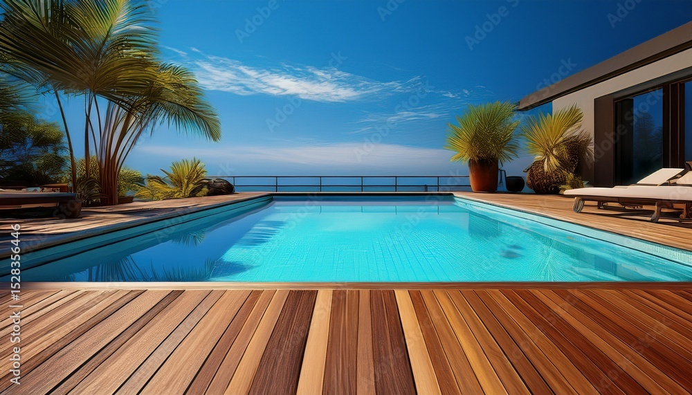 Fototapeta premium blue swimming pool with teak wood flooring generative ai