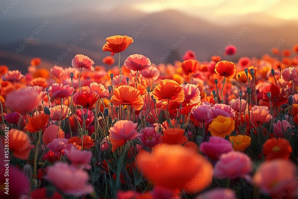 Obraz premium A breathtaking view of a vibrant flower field filled with blooming poppies under a warm sunset, capturing the beauty of nature in full bloom with stunning colors.