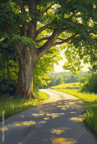 Sunlit country road beneath a large tree