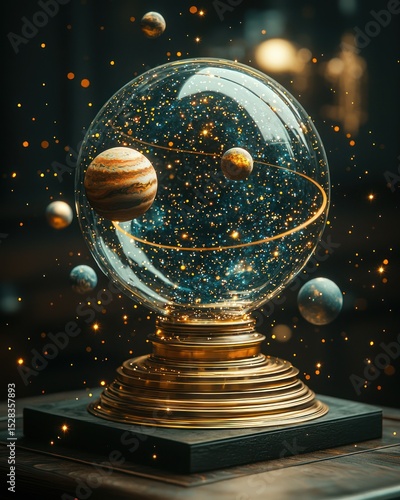 Cosmic orb with planets, floating in a glass sphere.  A golden, ornate base supports the sphere