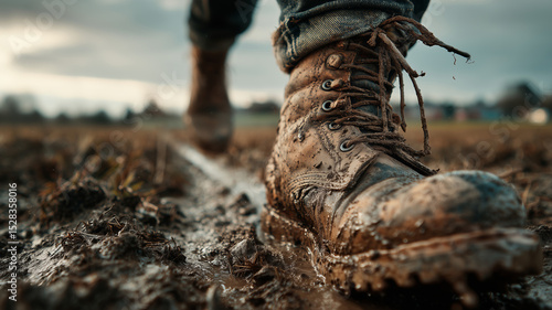 Heavy boots create a muddy track through a grungy autumn field