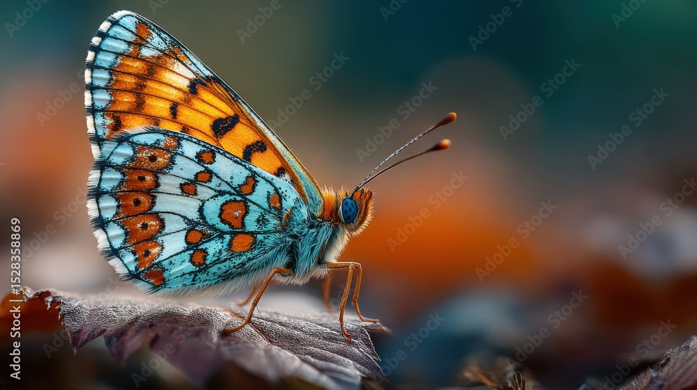 Obraz premium A butterfly with blue and orange wings is standing on a leaf. The butterfly is the main focus of the image, and the leaf provides a contrasting background. Concept of tranquility and beauty