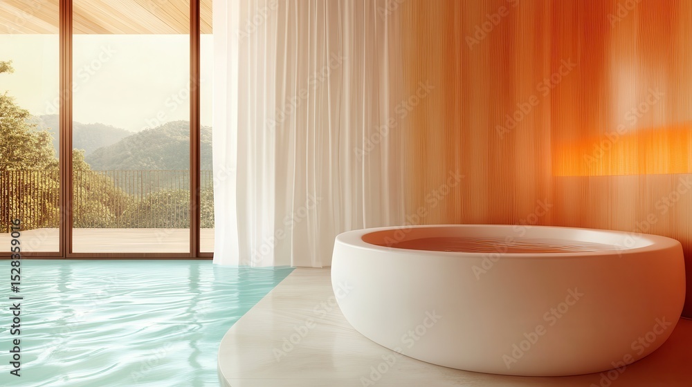 Fototapeta premium This serene bathroom showcases modern design elements and abundant natural light, creating a tranquil atmosphere that invites relaxation and mindfulness.