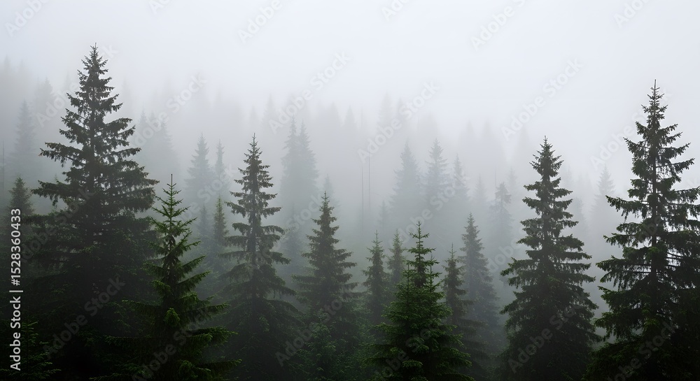 Majestic evergreen forest shrouded in mist a tranquil nature scene of pine trees and fog Majestic evergreen forest shrouded in mist a tranquil nature scene of pine trees and fog