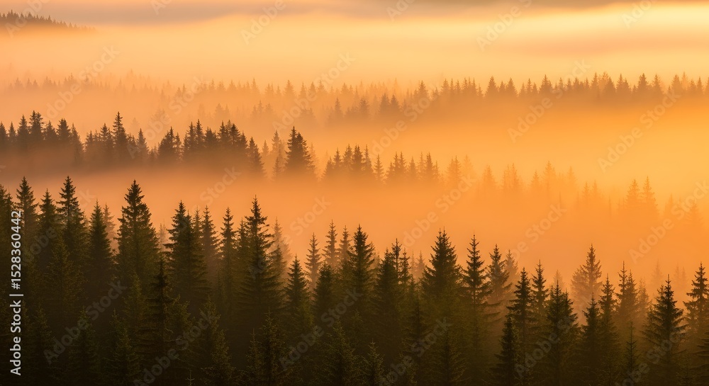 Fototapeta premium Majestic Sunrise over Misty Pine Forest Landscape with Golden Light Illuminating Evergreen Trees