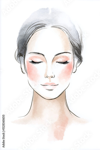 Natural skincare routine at home, Modern Line Art + Watercolor, beautiful woman with closed eyes and soft blush, peaceful expression