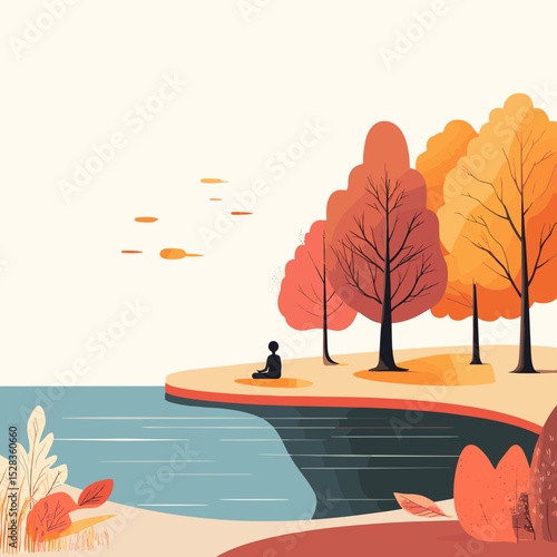 Meditating by Autumn Lake with Colorful Trees – Vector Art