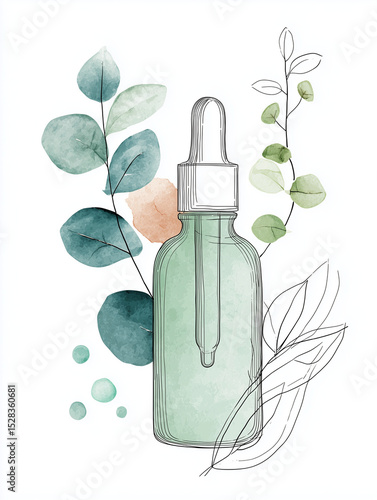Natural skincare routine at home, Modern Line Art + Watercolor, beauty serum bottle surrounded by green leaves and watercolor accents