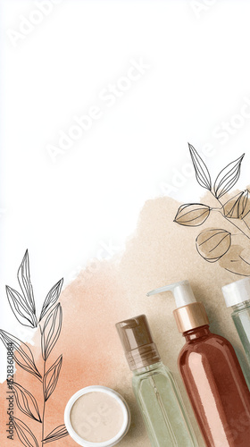 Natural skincare routine at home, Modern Line Art + Watercolor with skincare products on watercolor background