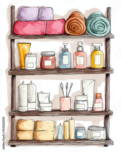 Natural skincare routine at home, Modern Line Art + Watercolor with a beautifully arranged shelf of towels and skincare products