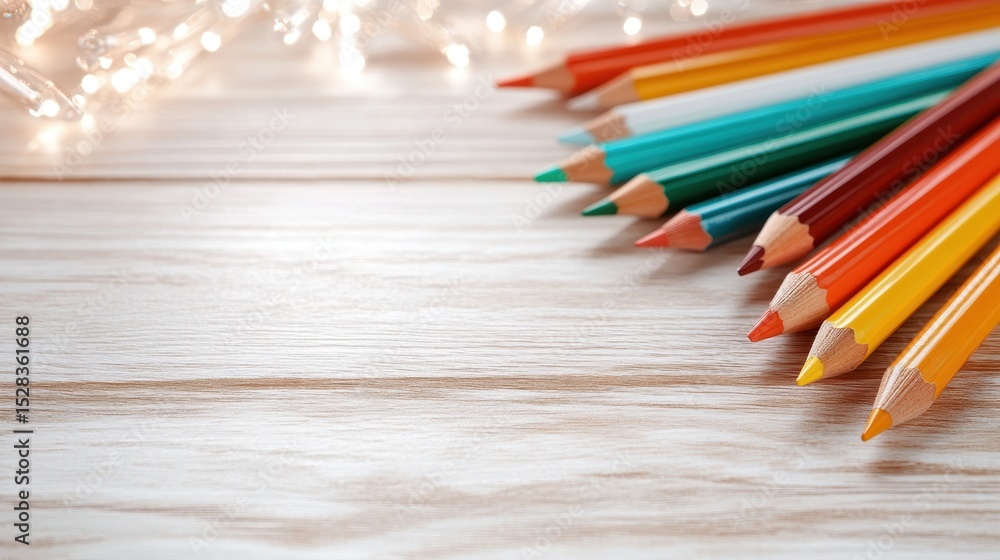 Fototapeta premium An eye-catching arrangement of colorful pencils arranged on a light wooden surface, ideal for art enthusiasts and creative expression, evoking inspiration and creativity.