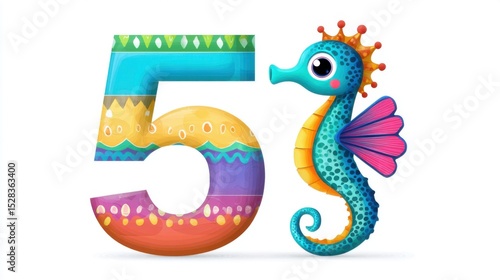 Number 5 as a bright and cute cartoon seahorse with smiling eyes and fins, colorful style on white background, for children