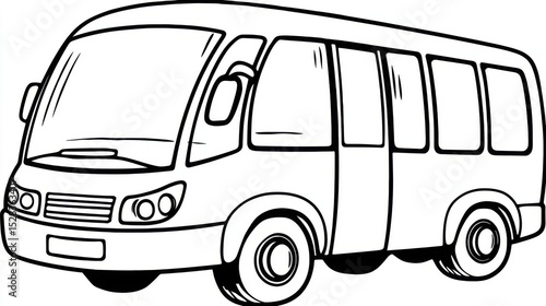 Simple cartoon school bus in line art, designed for kids coloring book, bold outline, big windows, easy to color layout, white background